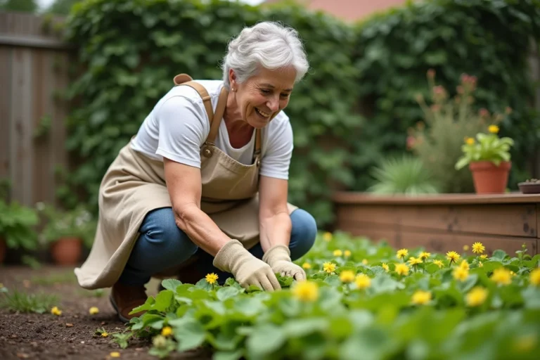 Jardinière examinant une invasion d'oxalis dans un parterre de jardin résidentiel, portant des gants de jardinage