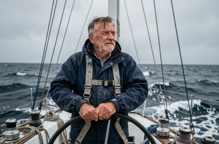 Jean Le Cam à la barre de son voilier de course en plein Atlantique, visage marqué par les éléments marins