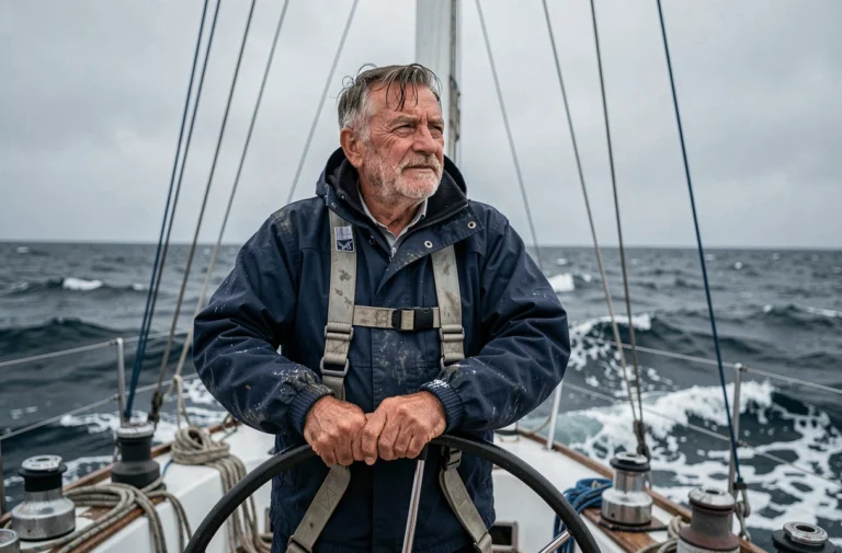 Jean Le Cam à la barre de son voilier de course en plein Atlantique, visage marqué par les éléments marins