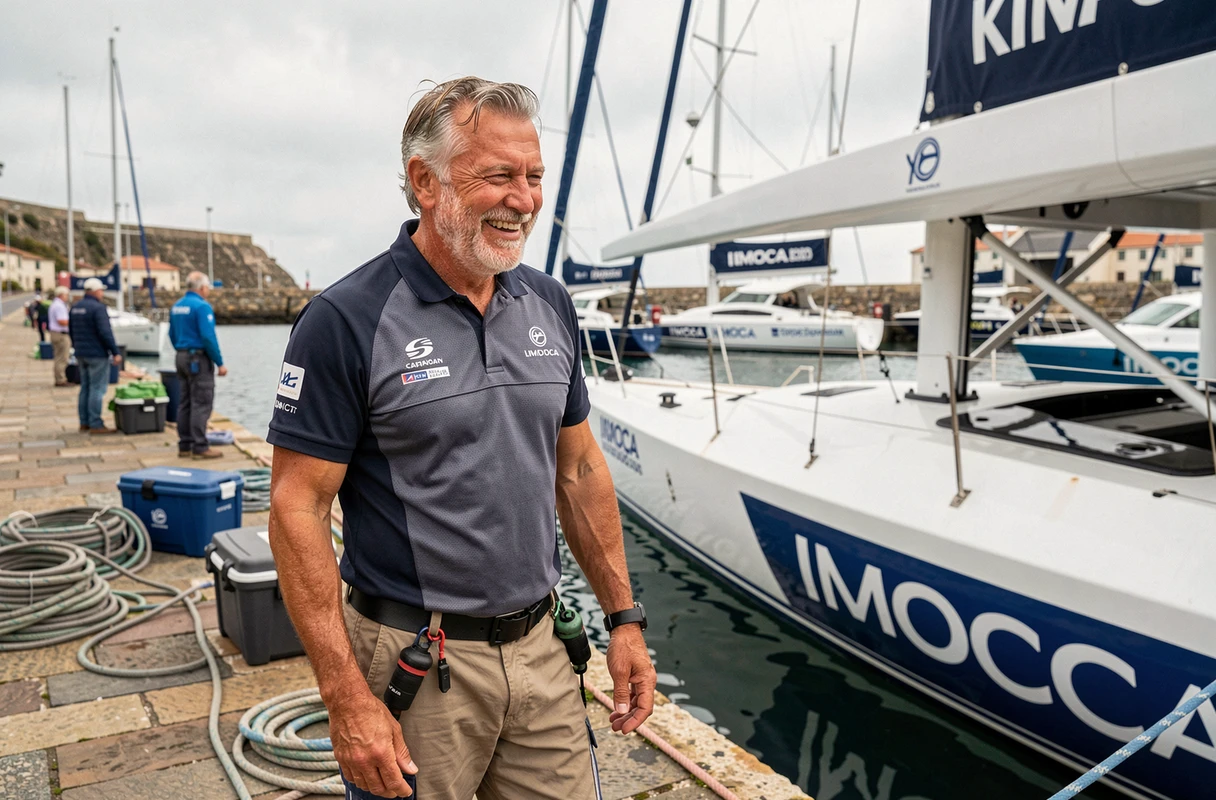 Jean Le Cam souriant au bord du ponton lors d'une escale, à côté de son voilier de course IMOCA