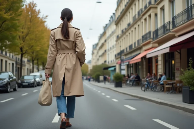 Jeune femme active marchant dans une rue résidentielle moderne d'une ville d'Île-de-France, idéale pour les jeunes professionnels