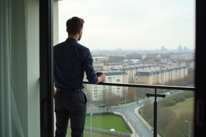 Jeune homme sur le balcon de son appartement avec vue sur une ville de banlieue parisienne bien desservie par les transports