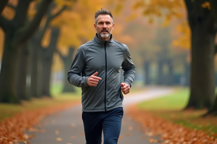 Homme qui fait son jogging matinal dans un parc en automne, symbolisant l'importance de l'activité physique pour le bien-être au quotidien