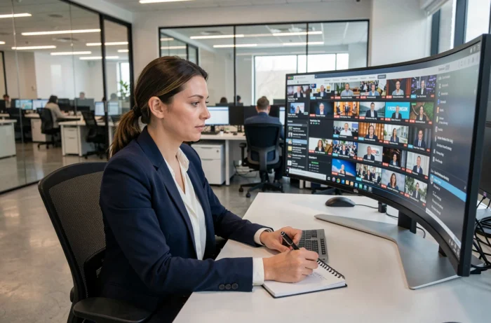 Journaliste femme dans une salle de rédaction moderne consultant des actualités en temps réel sur un écran incurvé