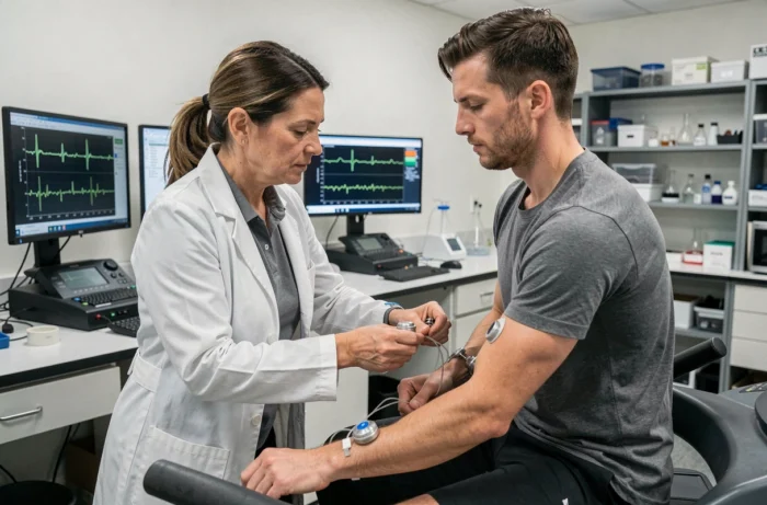 Scientifique du sport mesurant les paramètres physiologiques d'un coureur en laboratoire de biomécanique
