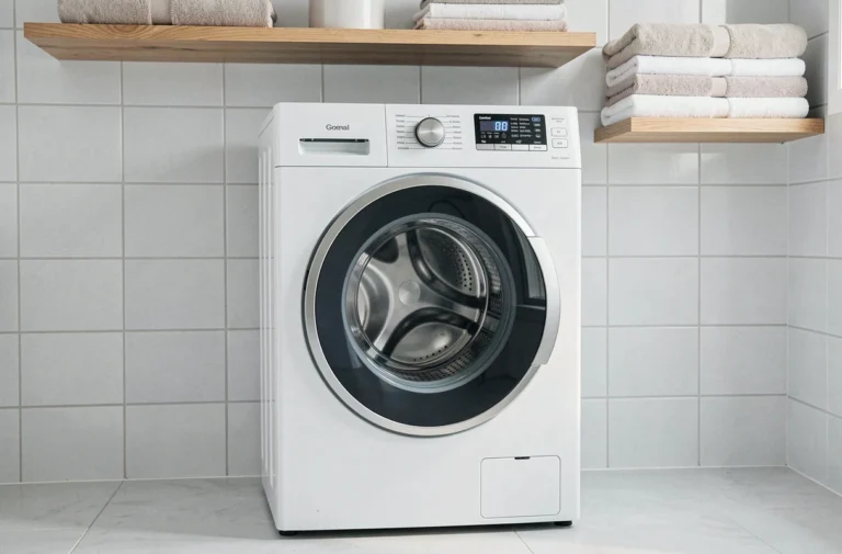 Machine à laver Whirlpool 6th Sense 9kg vue de face dans une buanderie moderne avec panneau de commande numérique affiché