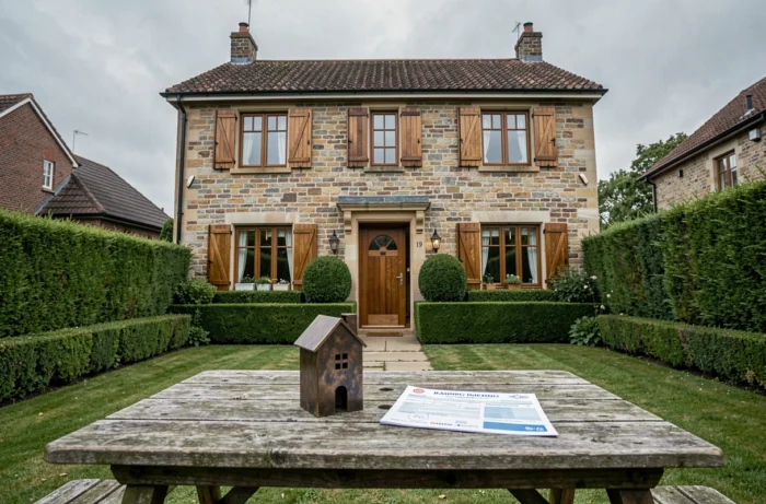 Maison familiale avec document d'assurance habitation symbolisant la protection du patrimoine immobilier en 2024