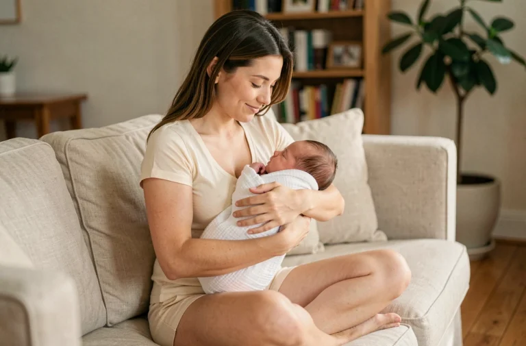 Jeune maman tenant son nouveau-né dans ses bras sur un canapé en lin beige, ambiance douce et sereine à la maison
