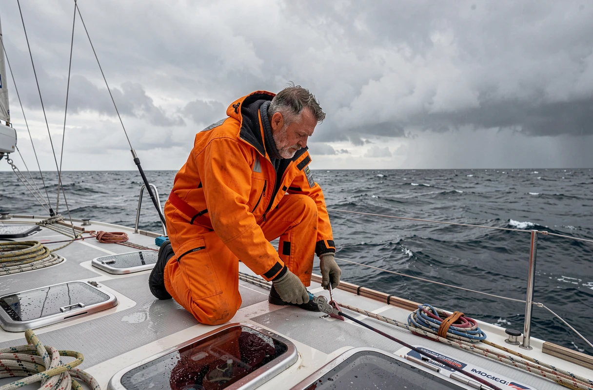 Marin vétéran du Vendée Globe travaillant sur le pont avant de son IMOCA 60 par mer agitée