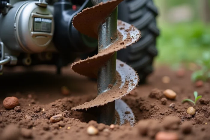 Gros plan sur la mèche d'une tarière thermique enfoncée dans un sol argileux