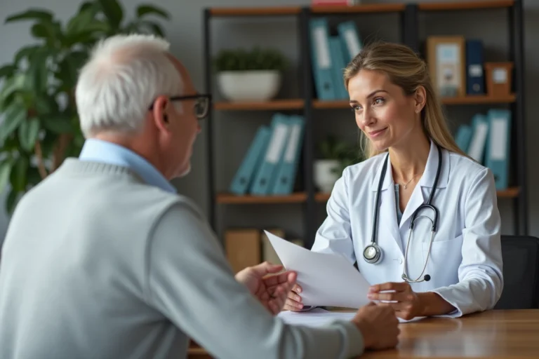 Médecin femme expliquant un document médical à un patient âgé dans un cabinet de consultation moderne