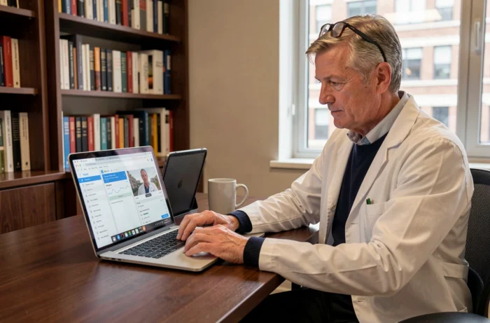 Médecin homme utilisant un logiciel de télémédecine sur laptop et tablette dans un bureau à domicile