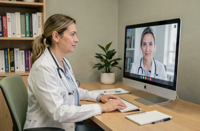 Médecin généraliste femme en consultation vidéo sur ordinateur dans son cabinet médical moderne