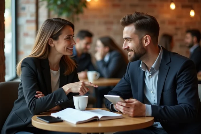 Séance de mentorat entre deux professionnels discutant d'une stratégie de reconversion dans un café