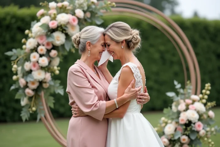 Mère et belle-fille s'étreignant avec émotion près d'un arche fleurie lors de la cérémonie de mariage en extérieur