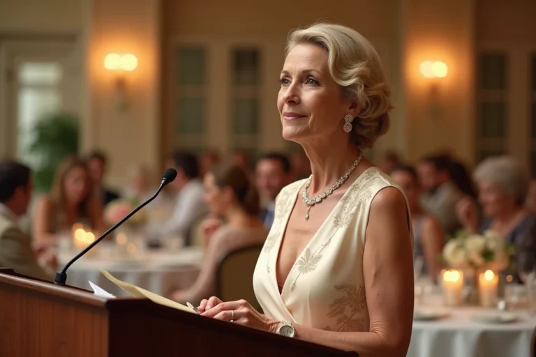 Mère émue prononçant un discours lors du mariage de son fils devant les invités dans une salle de réception décorée