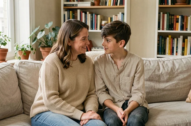 Mère et fils adolescent partageant un moment complice dans un appartement parisien chaleureux