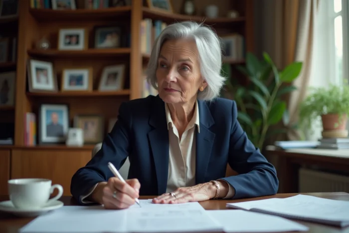 Mère concentrée en train de rédiger et préparer son discours de mariage pour son fils à son bureau à domicile
