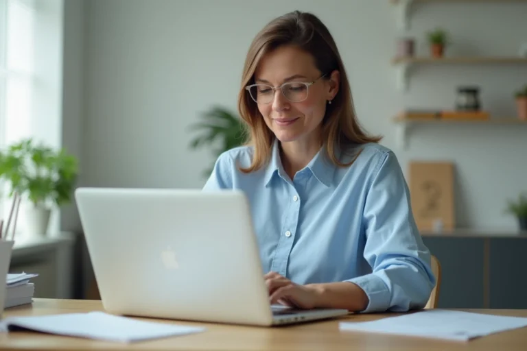 Femme mettant à jour ses informations Urssaf en ligne depuis son bureau à domicile