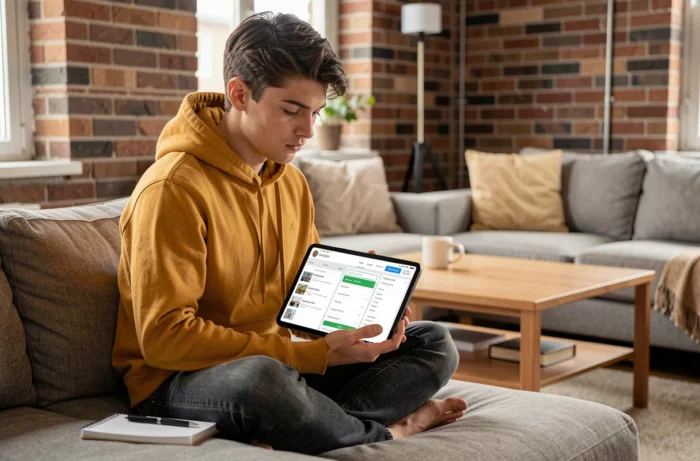 Jeune personne recherchant un emploi en naviguant dans le sitemap d'un site de recrutement sur tablette depuis son salon