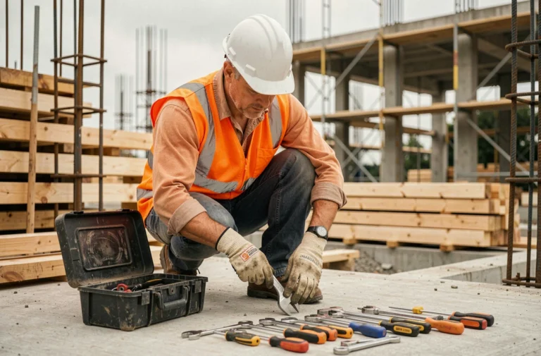 Ouvrier du bâtiment équipé d'un gilet haute visibilité sélectionnant des outils dans une boîte à outils sur un chantier de construction en béton