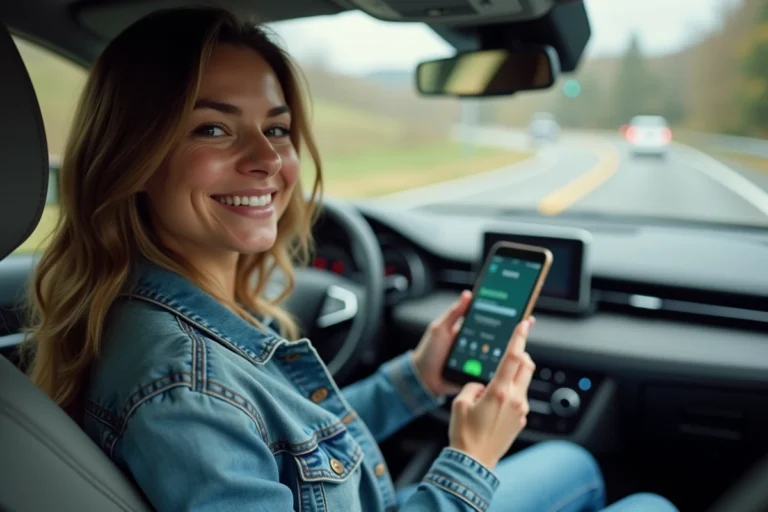 Femme effectuant un paiement sur l'application Blablacar depuis le siège passager d'une voiture