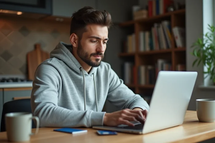 Homme effectuant un paiement en ligne sur Blablacar depuis son ordinateur portable à la maison