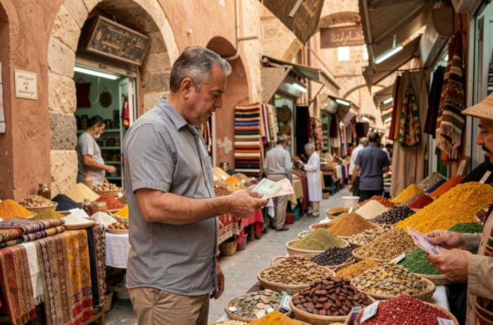 Voyageur payant en livres égyptiennes dans un souk traditionnel à Louxor