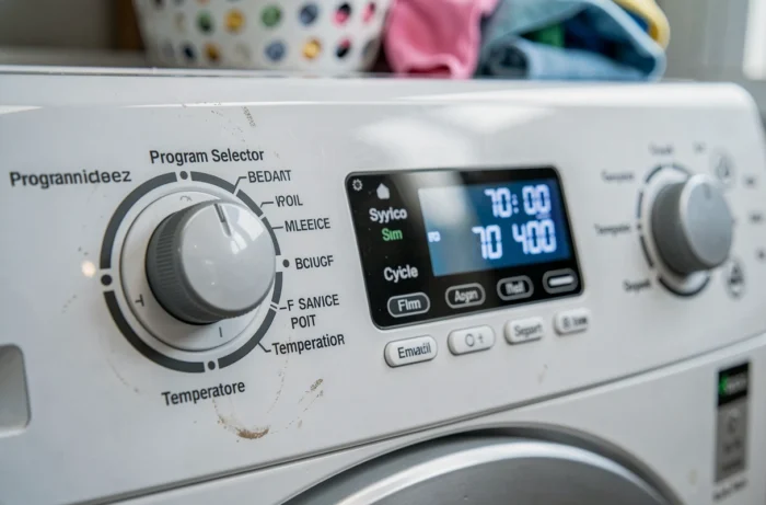 Panneau de commande numérique de la machine à laver Whirlpool 6th Sense 9kg avec sélecteur de programme et écran d'affichage du cycle