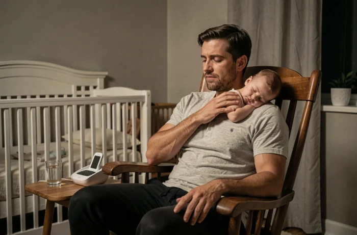 Papa épuisé bercant son bébé sur une chaise à bascule dans une chambre de nuit douce et apaisante