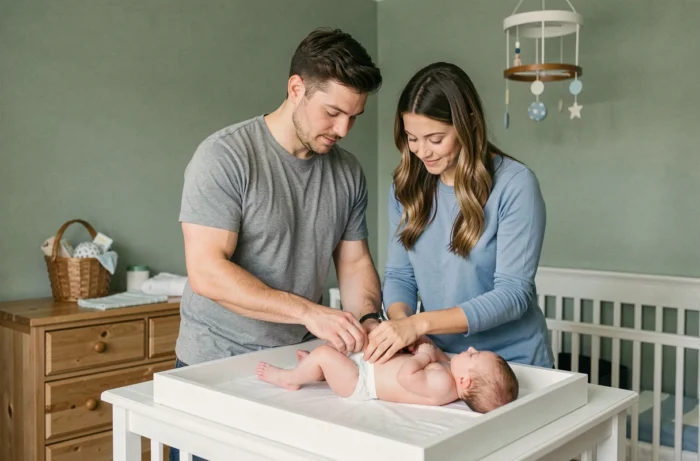 Couple de parents changeant leur bébé ensemble sur une table à langer dans une chambre de bébé apaisante en vert sauge