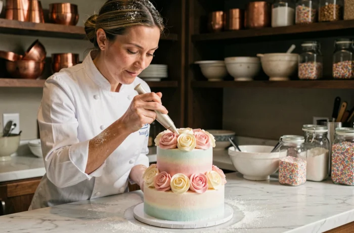 Pâtissière professionnelle décorant un gâteau à étages pastel avec des roses en crème dans une cuisine artisanale parisienne