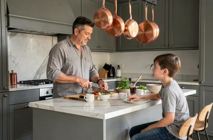 Père et fils adolescent dans une cuisine moderne partagent un moment du quotidien
