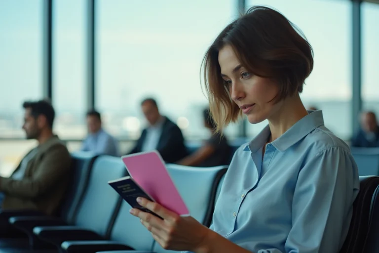 Femme tenant un permis de conduire rose français et un passeport dans un aéroport avant de voyager à l'étranger