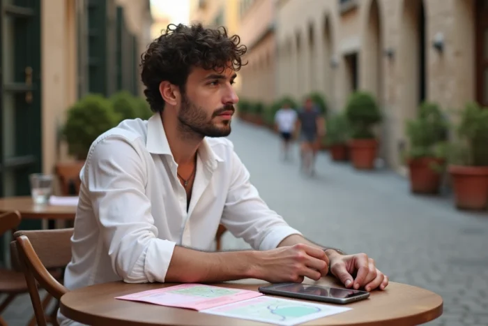 Jeune homme avec son permis rose français posé sur une table de café en ville européenne lors d'un voyage