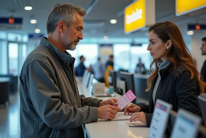 Homme présentant son permis de conduire rose français à un comptoir de location de voiture à l'étranger