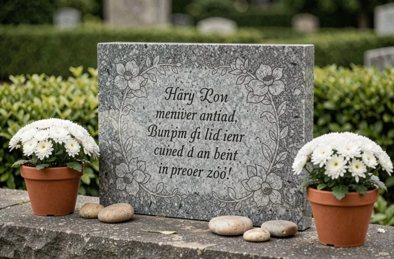 Plaque funéraire en granit gravée avec motifs floraux posée dans un jardin de cimetière avec chrysanthèmes