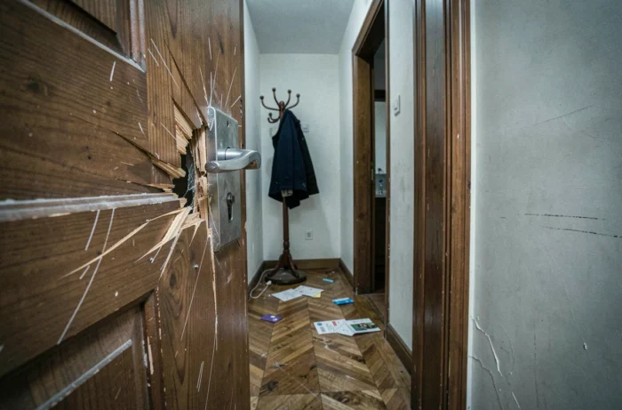 Porte d'appartement fracturée avec cadre en bois endommagé après un cambriolage, traces d'effraction visibles