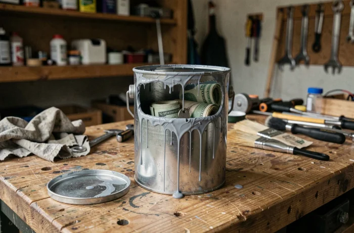 Pot de peinture entamé dans un garage dissimulant un conteneur étanche avec des billets et une clé à l'intérieur