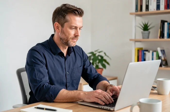 Homme connectant pour la première fois sur Profession FDJ depuis un bureau à domicile