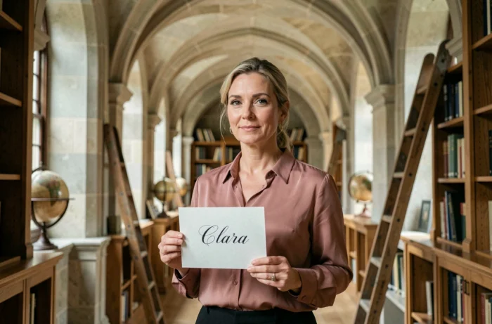 Femme tenant une carte calligraphiée avec le prénom Clara dans une bibliothèque en pierre aux allures classiques, évoquant l'histoire et la noblesse de ce prénom féminin intemporel