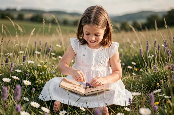 Jeune fille prénommée Clara assise dans un champ de fleurs sauvages en train de personnaliser un journal intime, symbolisant la douceur et l'intemporalité du prénom Clara