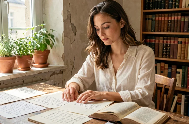 Jeune femme prénommée Clara feuilletant un livre d'étymologie dans un appartement parisien chaleureux, illustrant l'origine et la signification du prénom Clara