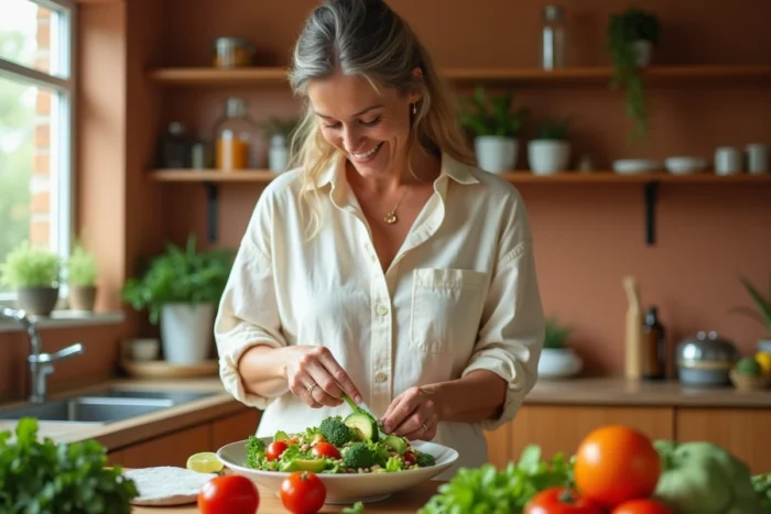 Femme préparant une salade fraîche et équilibrée dans une cuisine chaleureuse, illustrant l'alimentation saine comme habitude bien-être au quotidien