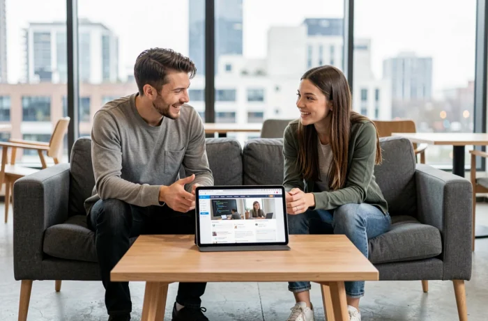Deux professionnels discutant de ressources informatiques en ligne sur une tablette dans un espace de travail moderne