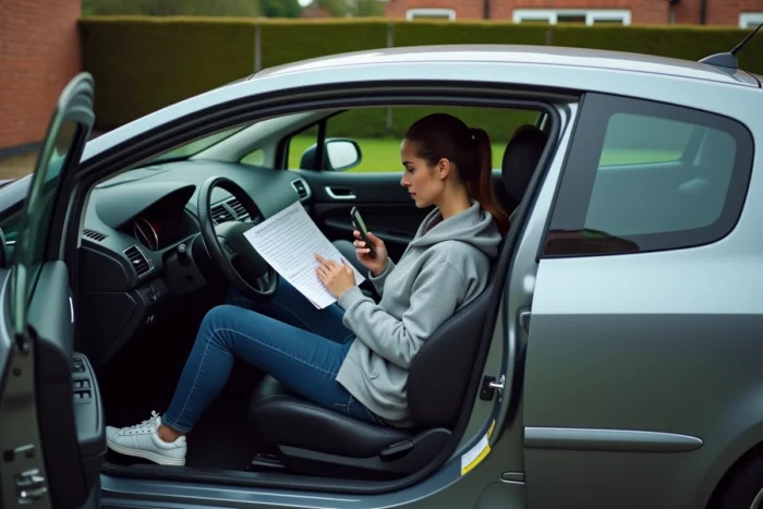 Propriétaire consultant des instructions sur smartphone pour réinitialiser le BSI de sa Peugeot 307 HDi dans son allée