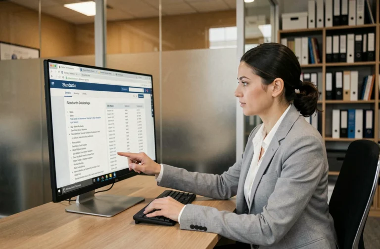Femme professionnelle consultant des normes ISO en ligne sur un ordinateur de bureau dans un open space moderne