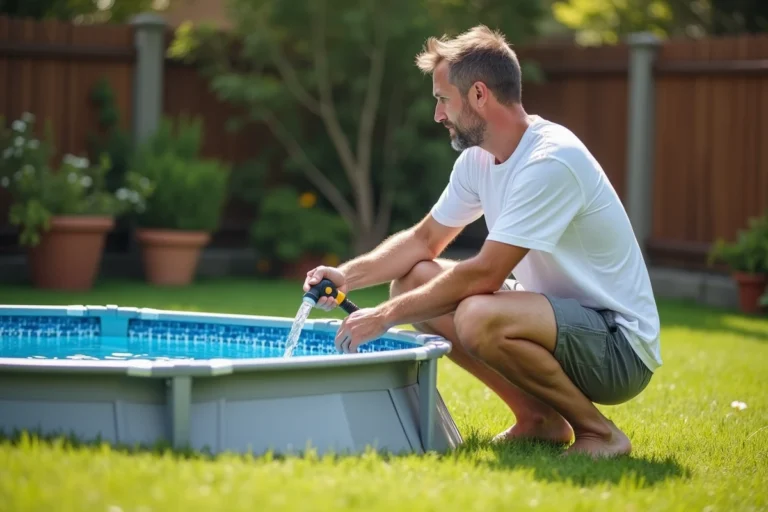 Homme qui remplit une piscine hors sol ronde avec un tuyau d'arrosage dans un jardin résidentiel