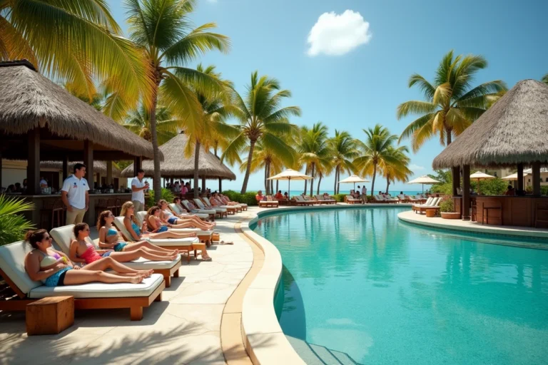 Vue d'ensemble d'un resort tout-inclus haut de gamme avec piscine à débordement et vacanciers se relaxant sur des transats au bord de l'eau