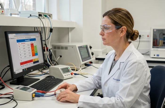 Scientifique en laboratoire consultant un tableau de conversion de watts en degrés Celsius sur écran